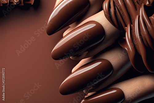 Close up beautiful woman nails brown color. Skin care for hands  manicure and beauty treatment. Elegant and graceful hands with slender graceful fingers. AI generative