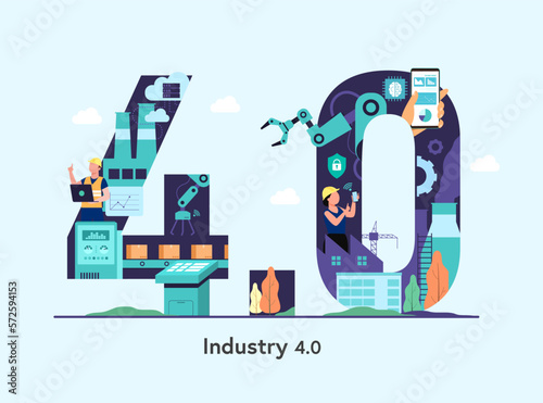 Industry 4.0 banner with robotic arm. Smart industrial numeric