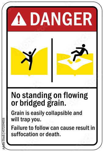 Grain silo hazard sign and labels no standing on flowing or bridged grain