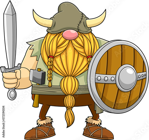 Gnome Viking Warrior Cartoon Character With Sword And Shield. Vector Hand Drawn Illustration Isolated On Transparent Background
