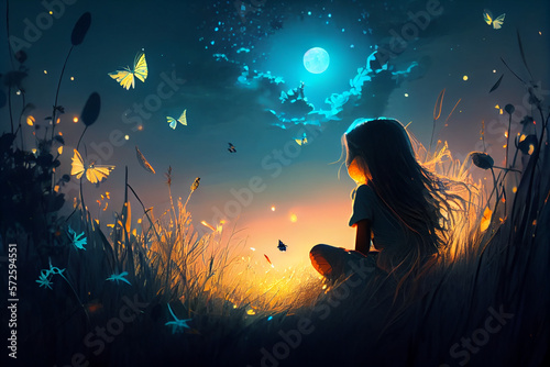 Girl is sitting in meadow, trees in distance, fireflies in  grass, luminous butterflies fly across  sky, glare, moon.