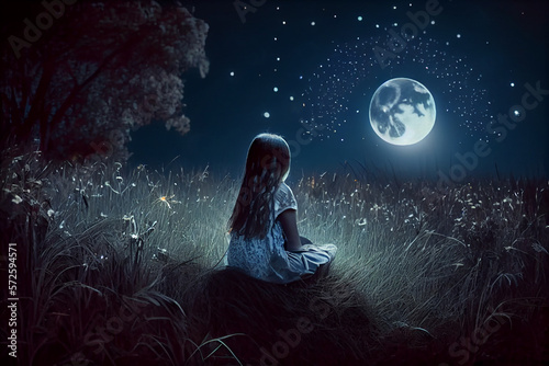 Girl is sitting in meadow, trees in distance, fireflies in  grass, luminous butterflies fly across  sky, glare, moon.
