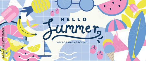 Summer geometric background vector. Colorful abstract wallpaper with simple shapes, watermelon, lemon, ice-cream, sun glasses. Happy summertime symbol illustration design for poster, cover, banner.