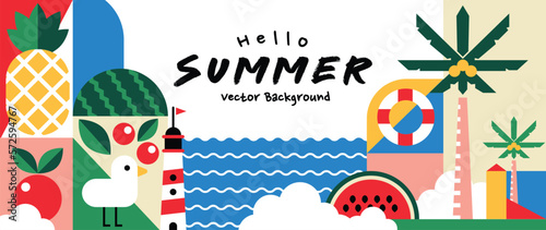 Summer geometric background vector. Colorful abstract wallpaper with simple shapes, lighthouse, seagull, watermelon, swim ring . Happy summertime symbol illustration design for poster, cover, banner.