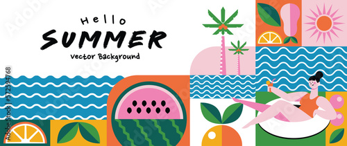 Summer geometric background vector. Colorful abstract wallpaper with simple shapes, watermelon, oranges, woman in swimming suit. Happy summertime symbol illustration design for poster, cover, banner.