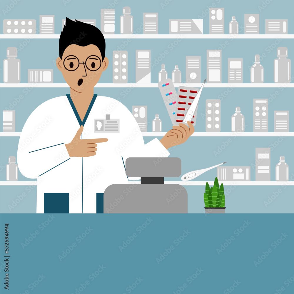 Pharmacist at the pharmacy behind the counter. A male pharmacist holds medicines in his hand. Pharmacist at the pharmacy behind the counter. A male pharmacist holds medicines in his hand.