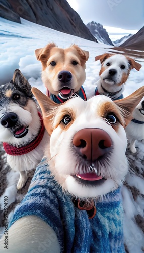 Portrait of cute puppies taking a selfie on a snowy mountain top - generative ai