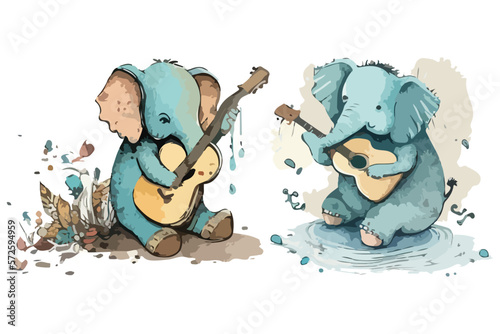 guitarist funny Cute doodle elephant with watercolor illustration