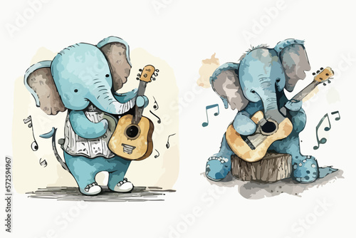 guitarist funny Cute doodle elephant with watercolor illustration