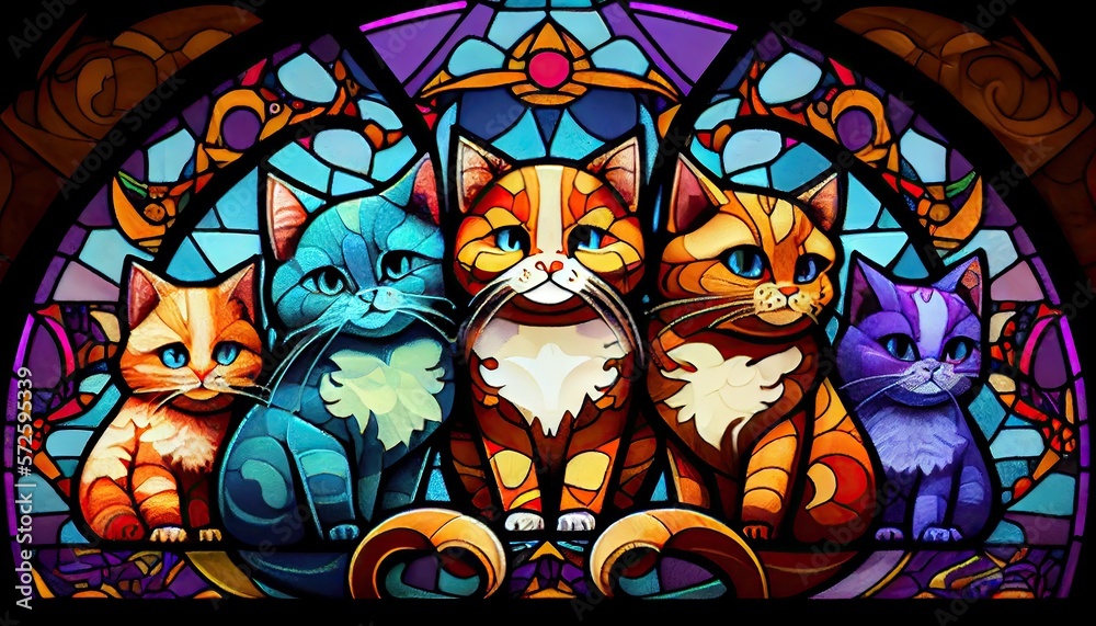 Cats on stained glass window, colorful illustration, pattern background - generative ai