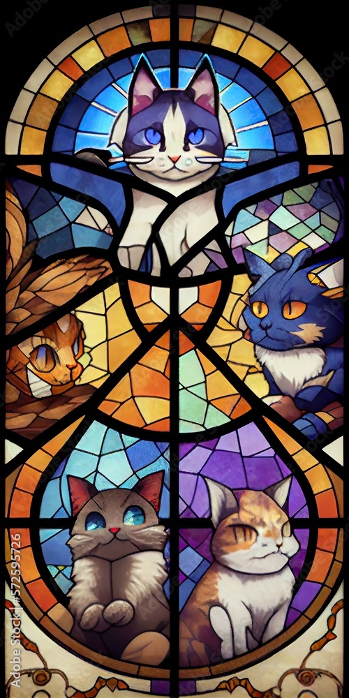 Cats on stained glass window, colorful illustration, pattern background - generative ai