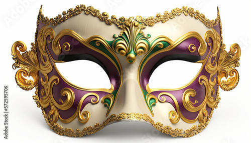 A purple and green Mardi Gras Mask Illustration with gold filigree © Awesomextra