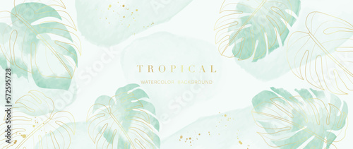 Tropical foliage watercolor background vector. Summer botanical design with gold line art, monstera leaf, green watercolor texture. Luxury tropical illustration for banner, poster, web and wallpaper.