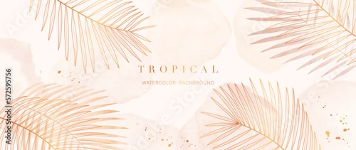 Tropical foliage watercolor background vector. Summer botanical design with gold line art, palm leaf, orange watercolor texture. Luxury tropical illustration for banner, poster, web and wallpaper.