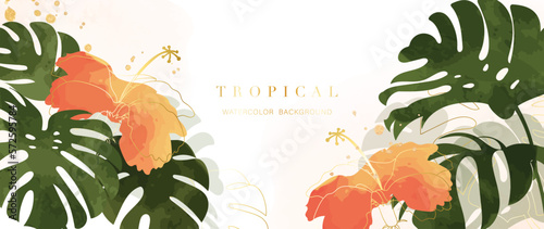 Tropical foliage watercolor background vector. Summer botanical design with gold line art, monstera leaves, hibiscus flowers. Luxury tropical jungle illustration for banner, poster, web and wallpaper.