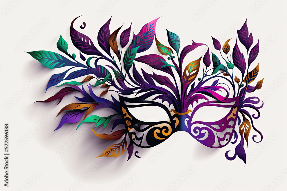 Illustration of a purpleMardi Gras mask with leaves white background