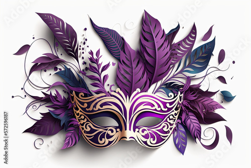 purple color Mardi Gras mask illustration with leaves and feathers