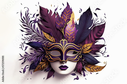 Illustration of a Mardi Gras mask with female face with purple leaves and feathers
