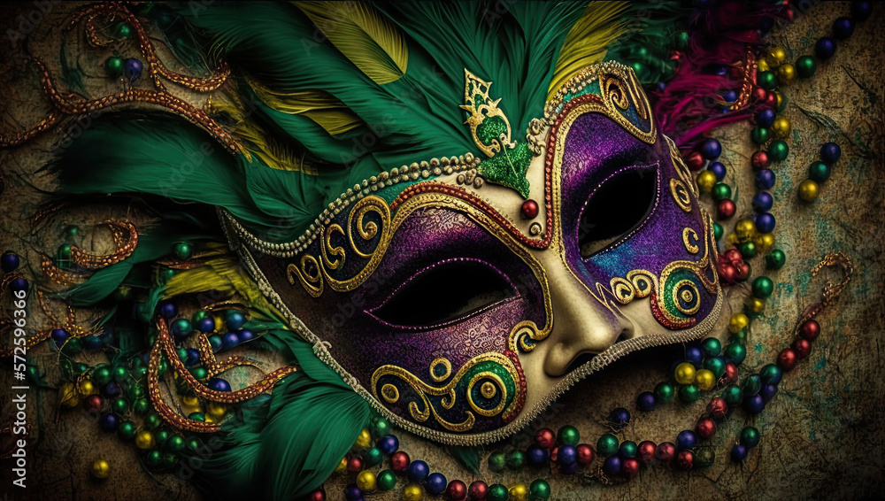 Illustration of a traditional Mardi Gras mask with beads