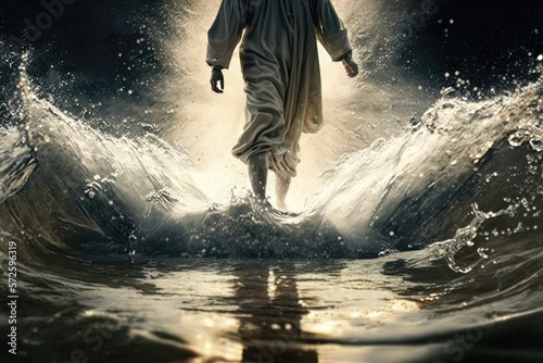 A Biblical Miracle Unfolds -- Jesus Christ Walks on Water Across the Sea in the Midst of a Storm Generative AI photo