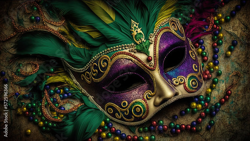 Illustration of a traditional Mardi Gras mask with beads