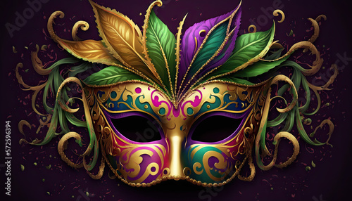 Mardi Gras mask illustration with feathers and gold filigree