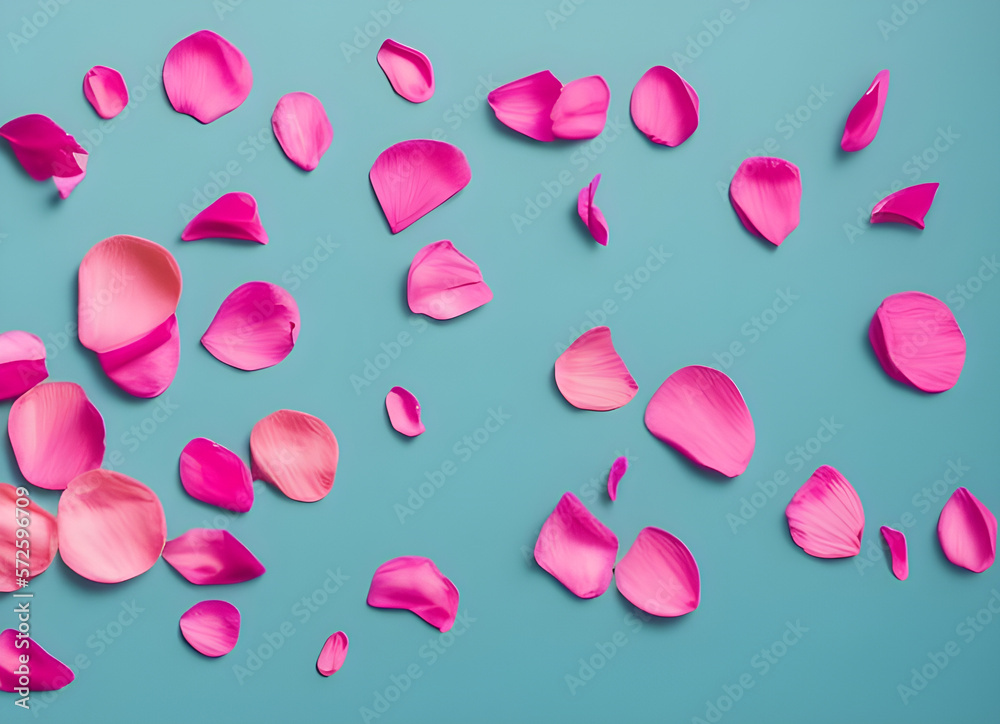 Pretty pink flower petals laying on light blue background