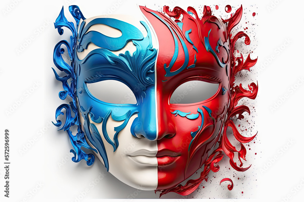 Illustration of a red and blue Mardi Gras mask with face and golden lines and feathers