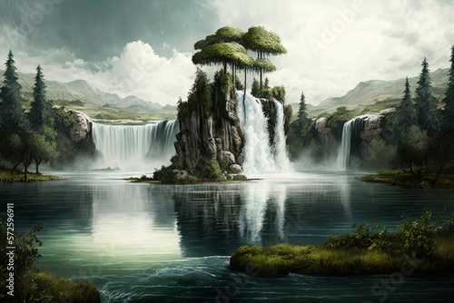 Waterfall that flows into an endless lake. Generative AI