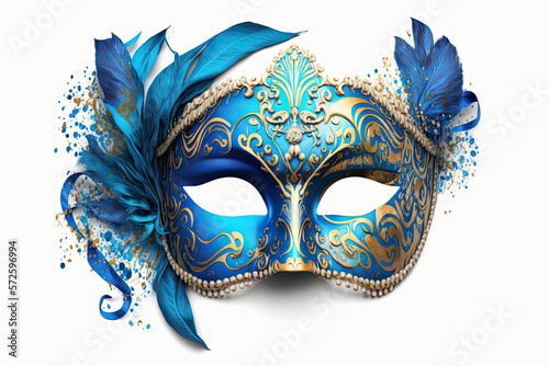 Illustration of a blue Mardi Gras mask with golden lines and feathers