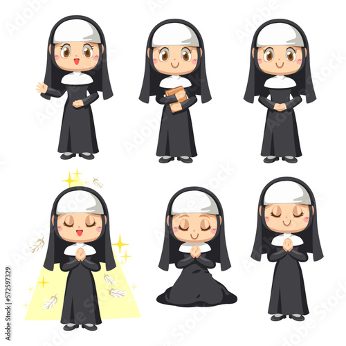 Young Catholic christian priest woman in cartoon vector illustration
