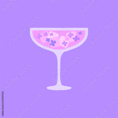 Margarita glass. Cocktail refreshing drink with ice cube and flower. Cold drink for bar and party. Flat vector illustration with texture. Simple retro cocktail poster