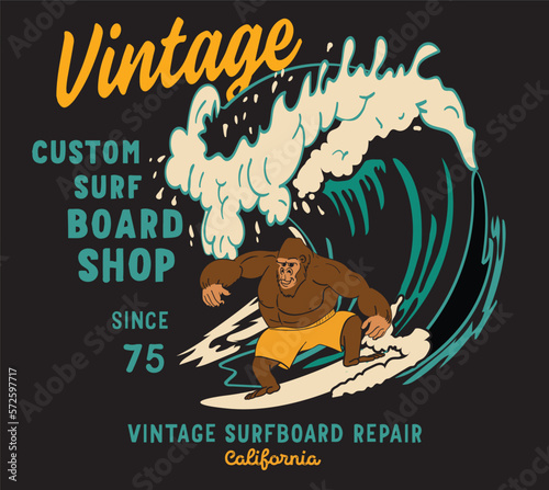 Canvas Print Gorilla illustration wave surf print design for t shirt print.