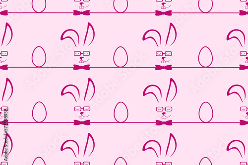 Seamless pattern with easter bunny and egg. Creative endless background with viva magenta rabbit in bow tie and glasses. Gentleman bunny ornament.