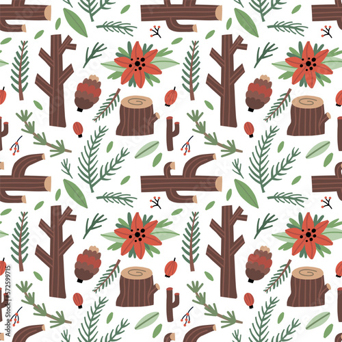 Forest pattern. Cute green trees. Cartoon childish print, scandinavian kids design. Decor textile wrapping paper, nursery wallpaper. Doodle drawing, woodland vector seamless hand drawn background