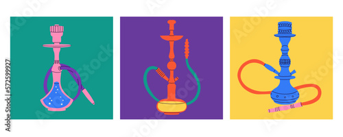 Hookah cards. Modern drawing lounge bar or smoke shop posters, arabic tobacco smoking equipment. Calabash with glass flask and tubes, bright contemporary vector cartoon flat isolated illustration