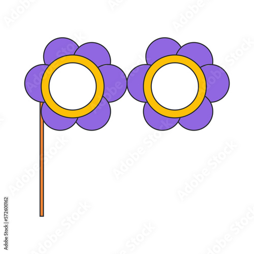 Purple Groovy Glasses Daisies. Paper props for party. Masks for a photo shoot. Fashion retro hippie style. Vector illustration on white background
