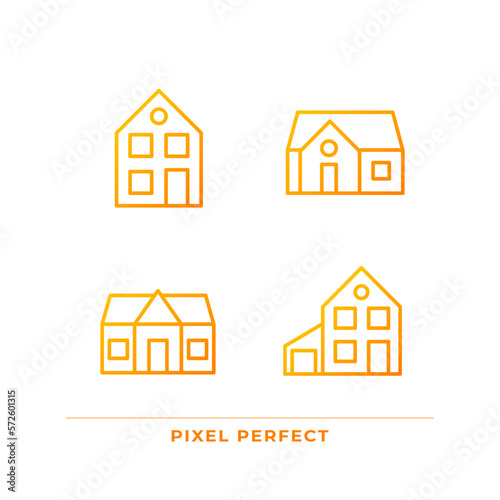 Single family houses pixel perfect gradient linear vector icons set. Affordable property. Two storey home. Thin line contour symbol designs bundle. Isolated outline illustrations collection