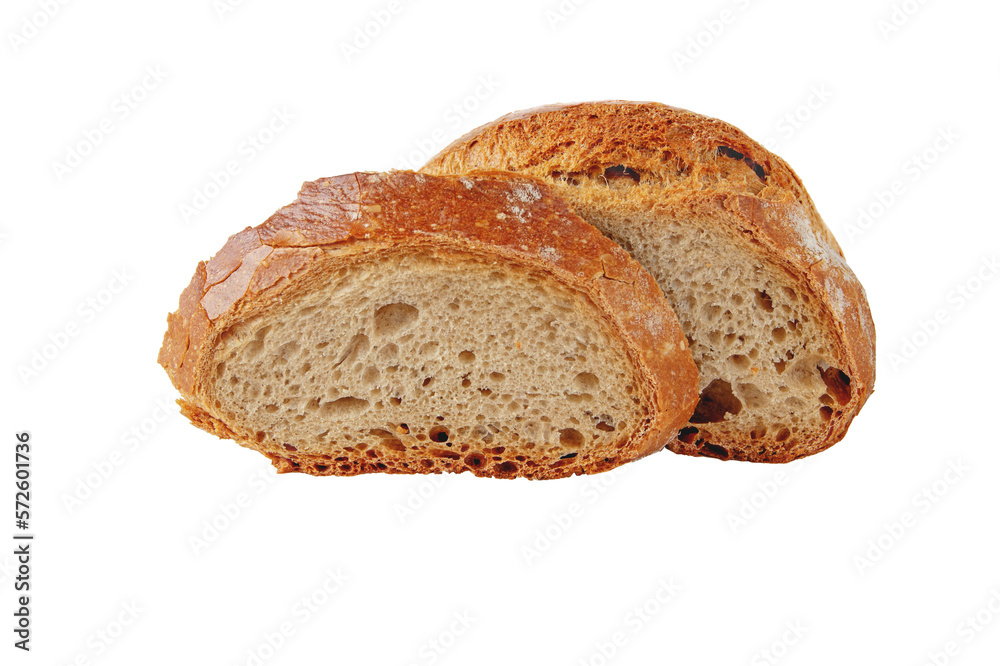 Rye and wheat sourdough bread loaf and slice with spongy pulp and crispy crust isolated transparent png. Rye and wheat sourdough bread loaf and slice with spongy pulp and crispy crust isolated transparent png.