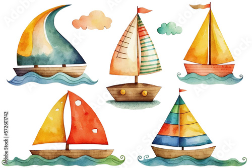 Cartoon sailboats. Watercolor clipart set. Transparent png.