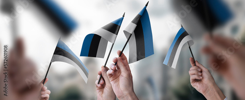 A group of people holding small flags of the Estonia in their hands