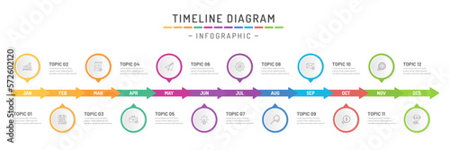 Presentation business infographic template. 12 months modern timeline diagram calendar with icons. Vector illustration