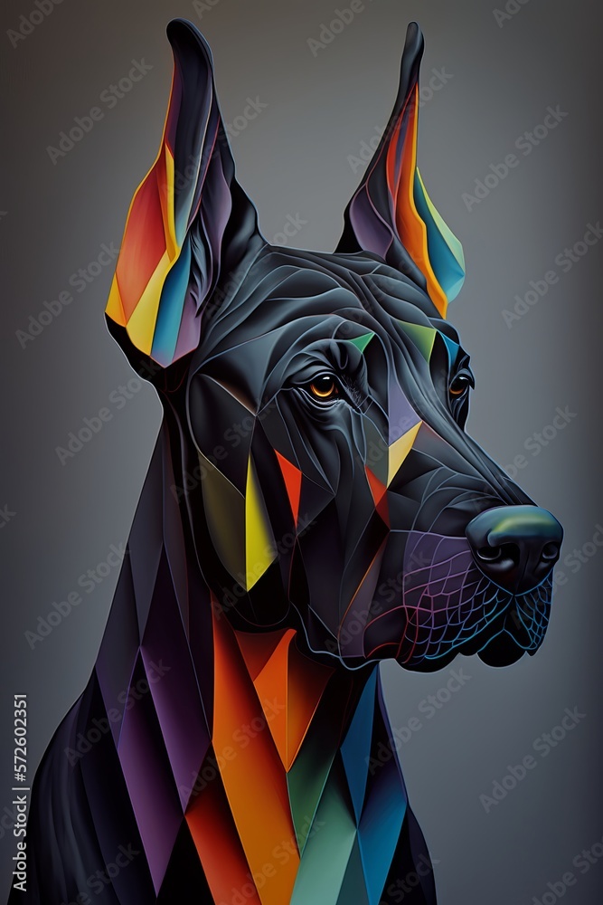 Colorful Creative Abstract Great Dane Portrait, Contemporary Art, Rainbow Geometric Structures, Multicolor Poster, Pop Surrealism