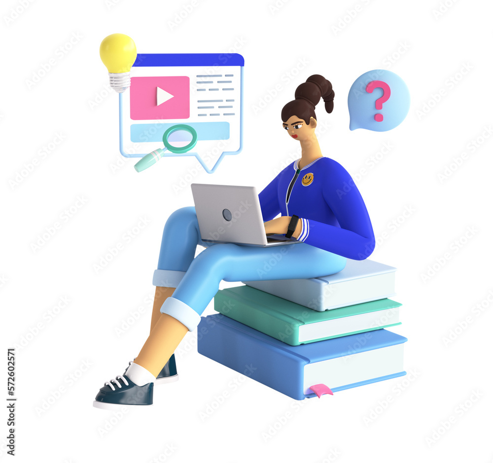 Online education concept. Young woman is learning, watching video and tutorials. Female character taking web course, researching information for examination. 3d render illustration.