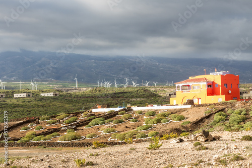 Desert landscape of yellow sand and green grass, with storm clouds in Abades, Tenerife, Canary Islands. Spain photo