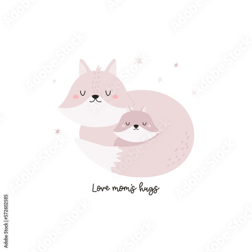 Vector illustration of cute young fox and his mom. Adorable print with animals for kids in a modern flat style.