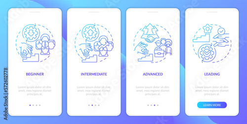DEI program maturity stages blue gradient onboarding mobile app screen. Walkthrough 4 steps graphic instructions with linear concepts. UI, UX, GUI template. Myriad Pro-Bold, Regular fonts use
