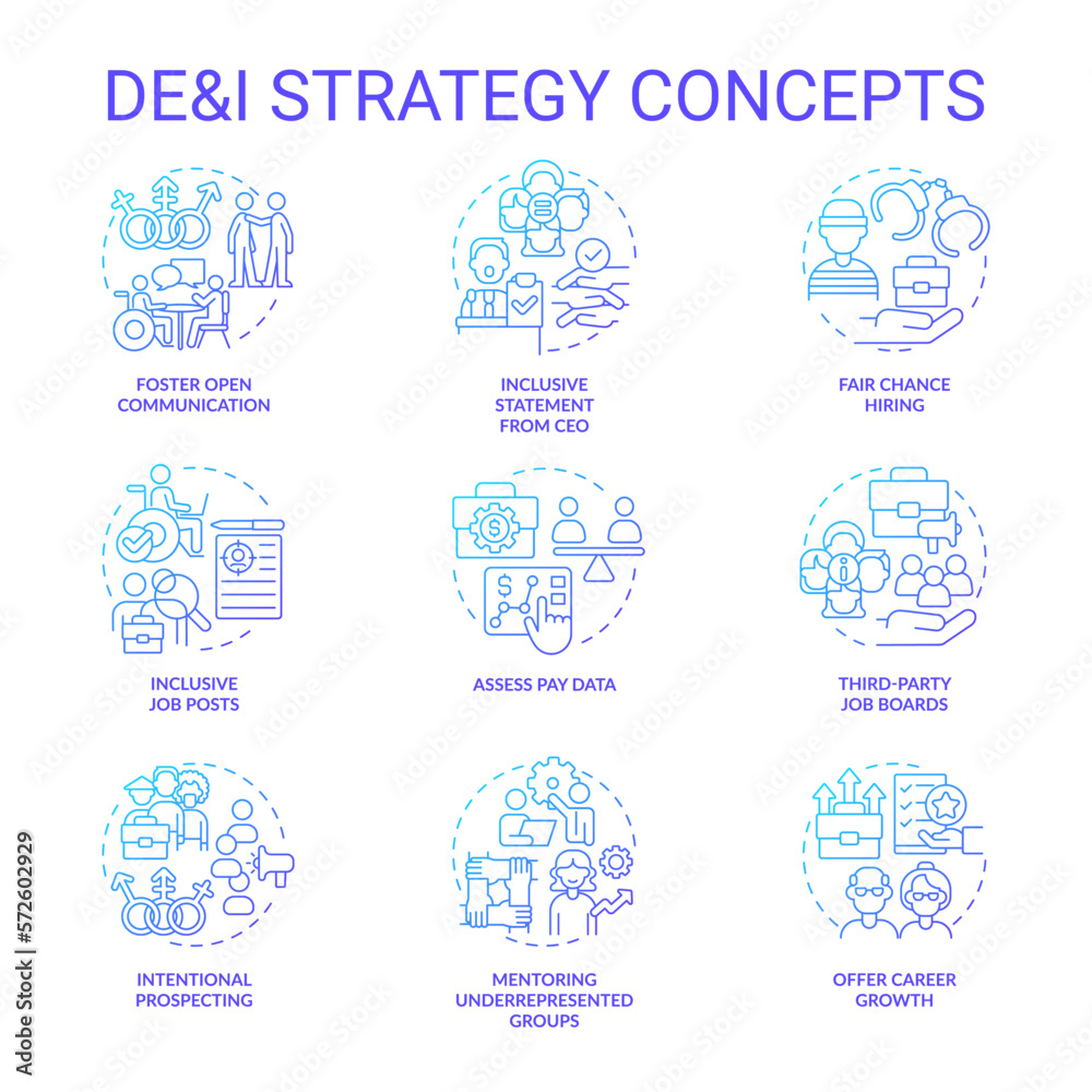 DEI strategy in workplace blue gradient concept icons set. Support diversity, equity and inclusion idea thin line color illustrations. Isolated symbols. Roboto-Medium, Myriad Pro-Bold fonts used