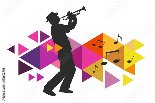 Music graphic with trumpet and abstract background.