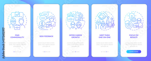 Managers and employees age gap blue gradient onboarding mobile app screen. Walkthrough 5 steps graphic instructions with linear concepts. UI, UX, GUI template. Myriad Pro-Bold, Regular fonts use